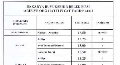 Arifiye Hattı Güncel Fiyat Tarife Listesi